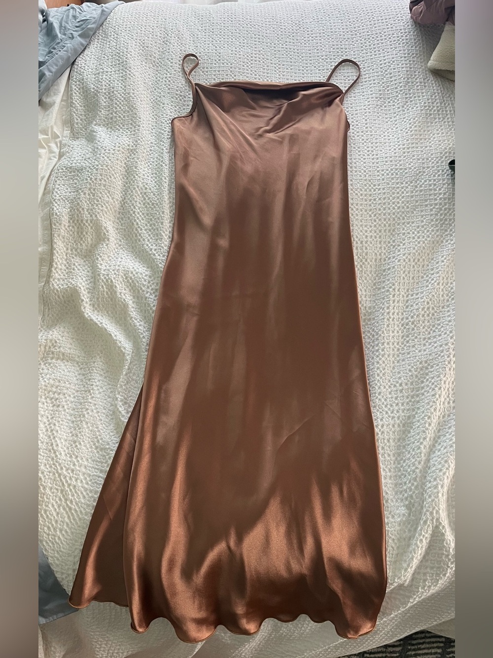 bebe Satin Slip Dress in Bronze Brown